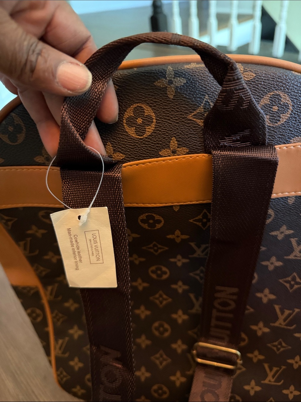 Large Brown Monogram Backpack with Tan Trim - Picture 3 of 13